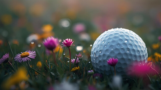 Closeup golf ball with orange and pink wildflowers on a field, ai - Powered by Adobe