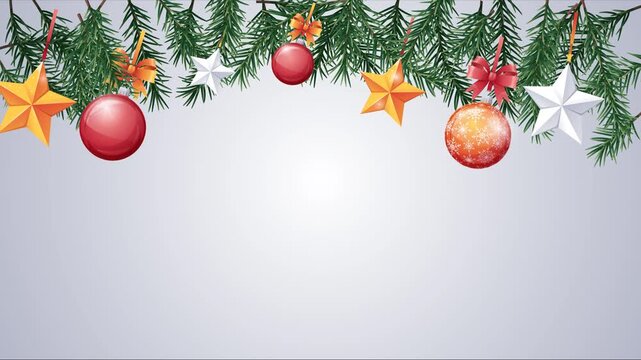Elegant Christmas border with festive ornaments hanging from pine branches