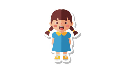 Cartoon Child Girl With Brown Pigtails Wearing Blue Dress And Yellow Collar Standing On White Background With Open Mouth And Surprised Expression Joyful Expression Cheerful Mood