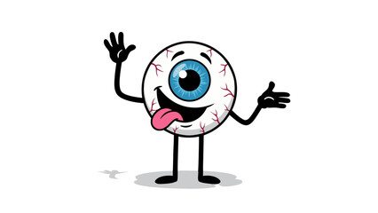 Cartoon Eyeball Character with Blue Iris and Pink Tongue Sticking Out Against Black Background with Shadow Effect