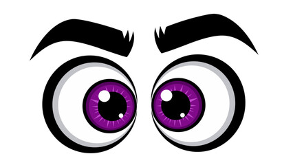 Cartoon Eyes With Purple Iris And White Sclera Against A Black Background With White Highlights And A Wide Eyed Expression