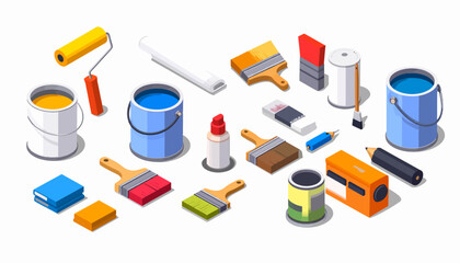 Isometric illustration of painting and drawing tools, including paint rollers, buckets, brushes, pencils, and books, representing art supplies for creative projects and DIY work.