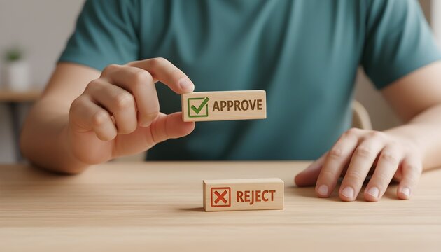 Hand holding wooden block with Approve checkmark next to Reject cross representing decision making and choice for business concepts
