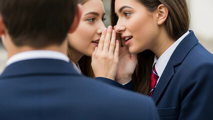 Two teenage girls whispering to each other, wearing school uniforms. A boy stands in the background, appearing excluded. The scene reflects themes of bullying and social anxiety.