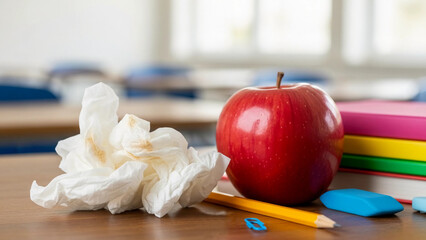 A red apple sits on a wooden desk next to crumpled tissue paper and colorful stationery. The scene reflects themes of school trauma and anxiety.