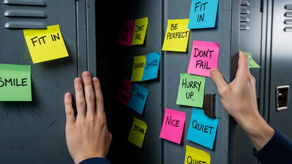 A school locker covered with colorful sticky notes. Messages include 'Fit in', 'Don't fail', and 'Be perfect'. Hands reach for the locker, symbolizing academic pressure and anxiety.