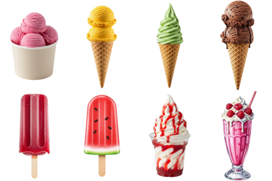 Delicious Assortment of Colorful Ice Cream Cones, Popsicles, Soft-Serve, and Milkshake Treats, Isolated on Transparent Background, Perfect for Summer Dessert Menus. - Powered by Adobe