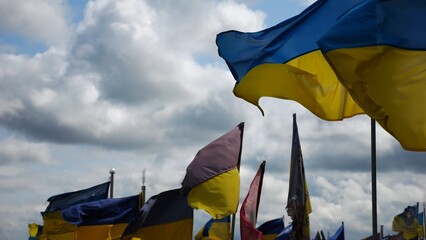 View on blue-yellow flags at countless graves of ukrainian soldiers alley of glory in Kharkiv. This site commemorates heroes and maintains the memory of wartime events in Ukraine. Slow moiton