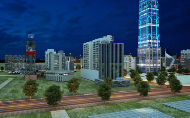 3d render city urban street road buildings skyscraper