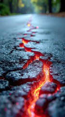 Close Up of Cracked Asphalt Road With Glowing Lava and Sparks Creating a Dramatic Scene in a Forest Setting