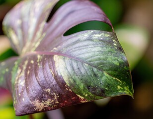 Close up of a large variegated monstera leaf showing shades of deep purple green and yellow with speckled highlights and soft green bokeh background
