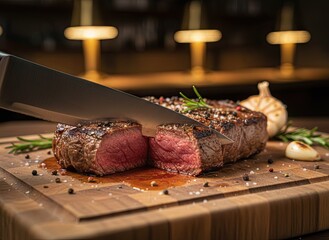 Juicy Grilled Steak Being Sliced With A Serrated Knife On A Wooden Cutting Board With Garlic And Rosemary In A Dimly Lit Restaurant