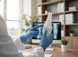 Orthopedic Surgeon Examines Transparent Knee Joint Model Wearing Blue Gloves in a Well Lit Modern Office With X Ray Display