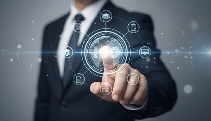 Businessman's hand touches a virtual social network icon on a digital screen, embodying future business communication technology