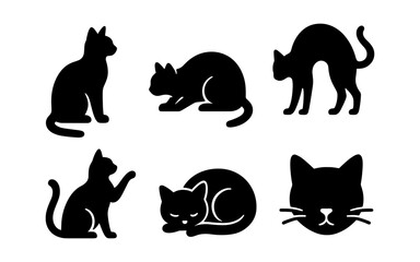 Black cat silhouettes in various poses on a white background, vector illustration
