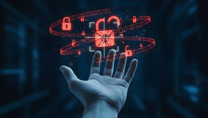A human hand holds a glowing red digital padlock icon surrounded by swirling data and security symbols, representing cybersecurity and data protection.