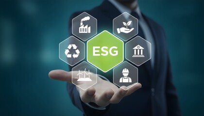 Businessman presenting ESG concept with environmental social and governance icons symbolizing corporate responsibility and sustainability for business strategy