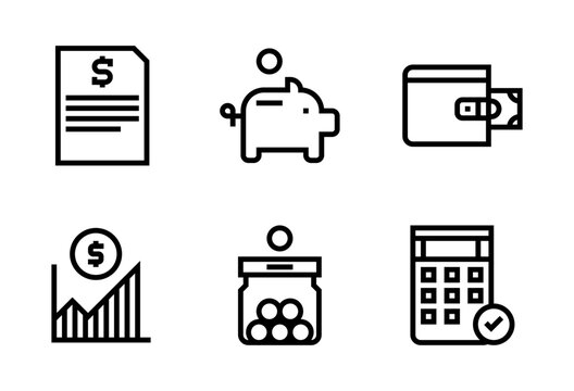 Pack de iconos de finanzas personales. Documento financiero, alcanc&iacute;a, billetera, gr&aacute;fica creciente, frasco ahorrando monedas y calculadora. Dise&ntilde;o vectorial lineal
