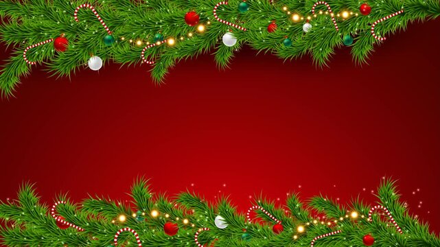 Festive holiday border with pine branches ornaments and twinkling lights