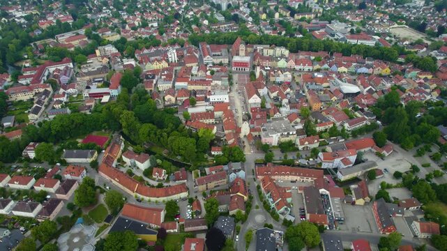 Aerial view of the old town and city Erding in Germany, Bavaria on a sunny noon spring day