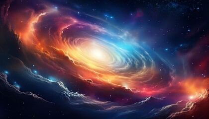 cosmic view of a distant swirling galaxy with glowing nebulae and gas clouds