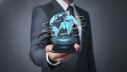 Businessman holding a smartphone displaying a glowing globe with AI text representing global artificial intelligence and technology