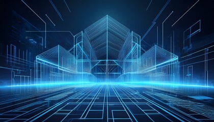 futuristic blueprint building in 3d perspective with scan line technology background