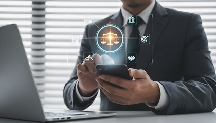 Lawyer using smartphone with digital legal icons representing online justice and law services concept for legal tech and digital consulting
