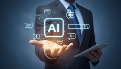 Businessman holding AI technology interface with communication icons representing artificial intelligence and digital innovation for business solutions
