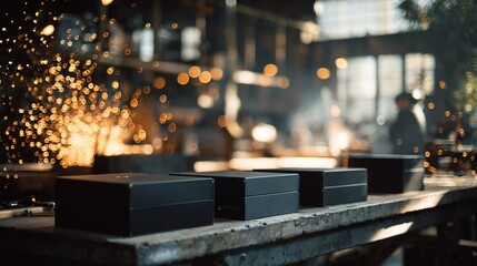 Metal boxes sit on a workshop table, sparks fly, and a figure works behind