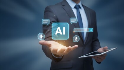 Businessman holding AI interface with chat bubbles and search bar concept of artificial intelligence and digital communication technology background