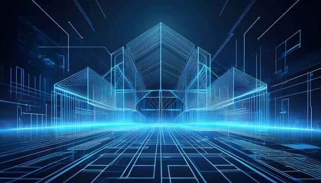 futuristic blueprint building in 3d perspective with scan line technology background - Powered by Adobe