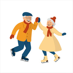 An elderly couple ice skating, holding hands. Vector illustration in a flat, modern style with soft shapes and a warm color palette. It symbolizes active longevity and winter recreation. Suitable for