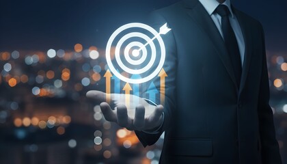 Businessman holding a target with arrow representing business goals and success with upward arrows and bokeh city lights background