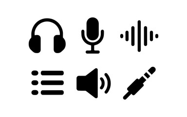Audio icons set: headphones, microphone, sound waves, and more