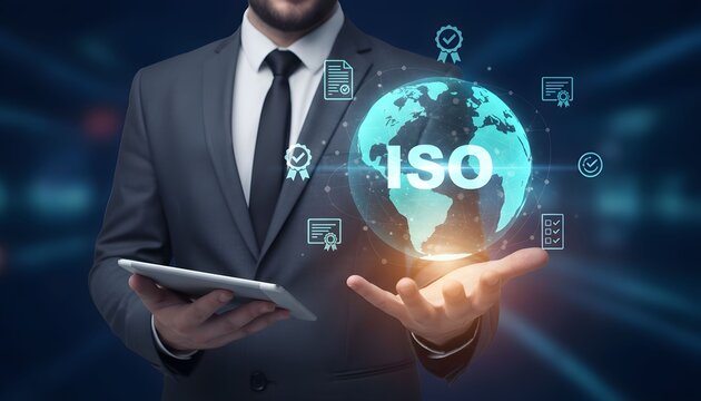 Businessman holding a glowing globe with ISO certification icons representing global standards and quality management for business - Powered by Adobe