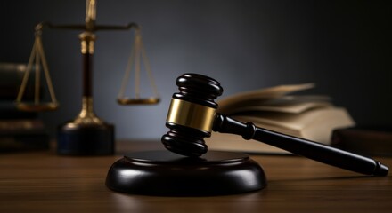 Judge gavel rests on sounding block with legal scales and open law book backdrop