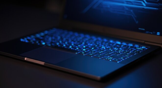 Laptop keyboard and touchpad illuminated by blue backlight on dark surface
