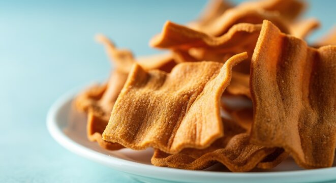 Crispy snack chips stacked on a white plate against soft blue background - Powered by Adobe