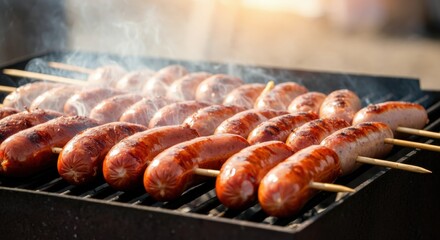 Grilled sausages on wooden skewers over smoky charcoal grill ready to serve