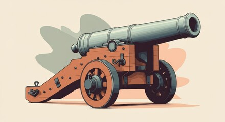 Antique cannon on wooden carriage with metal barrel and large spoked wheels