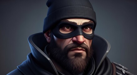 Man in beanie and black eye mask with intense expression and dark hood