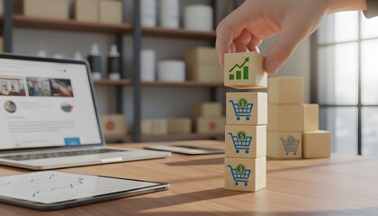 Hand stacking wooden blocks with shopping cart and growth chart icons representing e-commerce success and online business growth on a desk with laptop and tablet