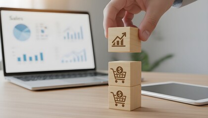 Hand stacking wooden blocks with business growth and shopping cart icons symbolizing financial success and e-commerce strategy for presentations and analytics