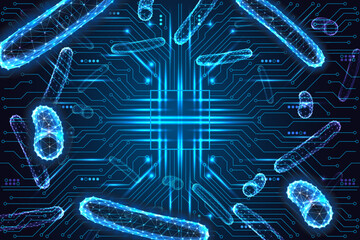 Digital bacteria network circuit medical biotech concept glow low poly science vector illustration