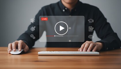 Person using a computer to watch live streaming video with educational icons concept for online learning and digital media