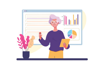 old woman presenting slides isolated