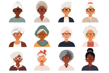 old women with different skintones avatars isolated