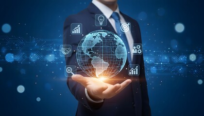 Businessman holding a glowing digital globe with business icons representing global strategy and technology for corporate presentations and digital marketing