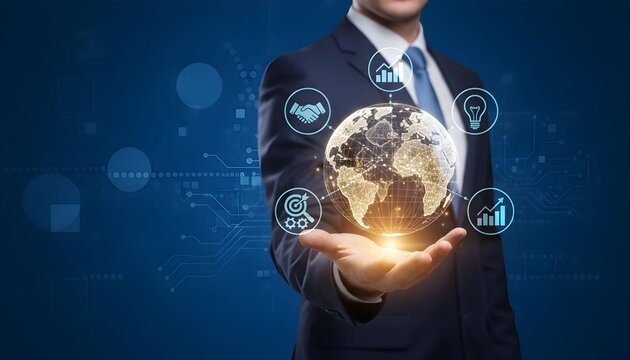 Businessman in suit holding a glowing digital globe with interconnected business and technology icons, representing global connectivity and innovation. - Powered by Adobe